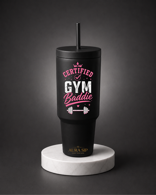 Aura Sip "Certified GYM Baddie" 40oz Insulated Stainless Steel Tumbler with Straw & Handle | Fitness Gift for Women
