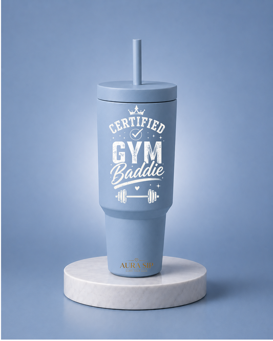 Aura Sip "Certified GYM Baddie" 40oz Insulated Stainless Steel Tumbler with Straw & Handle | Fitness Gift for Women